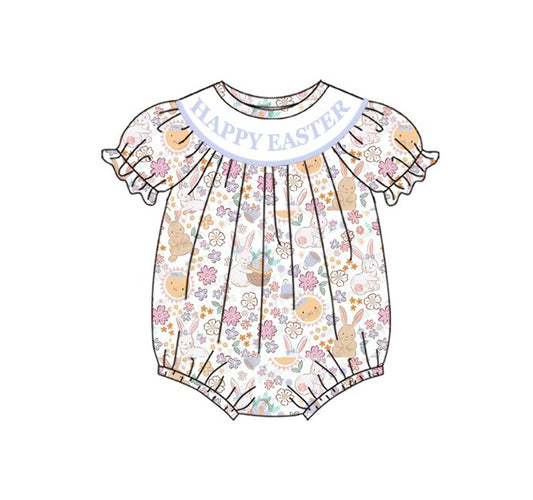 Preorder (moq 8)Baby Girls Flowers Rabbits Happy Easter Ruffle Rompers