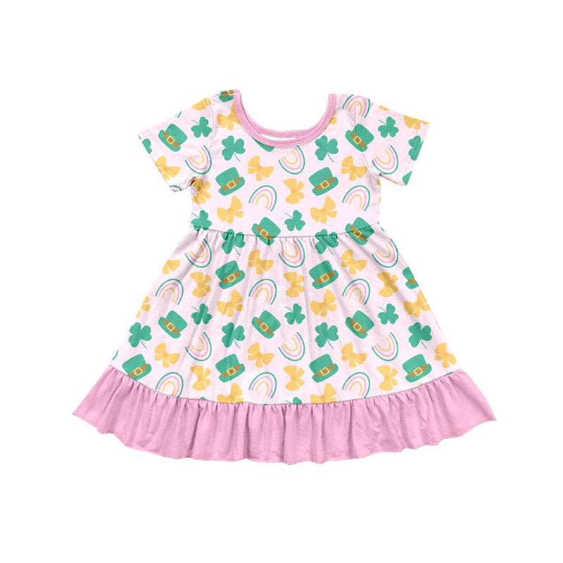 Preorder(moq 5) Baby Girls Clovers Hats Bows St Patrick Ruffle Knee Length Dresses