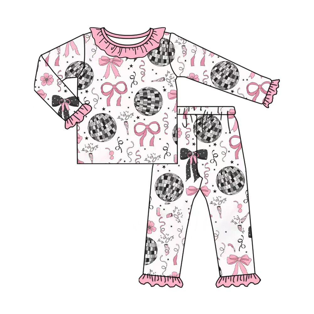 Preorder (moq 20)Baby Girls Bamboo Pink Bows Balls Happy New Year Ruffle Pajamas Sets