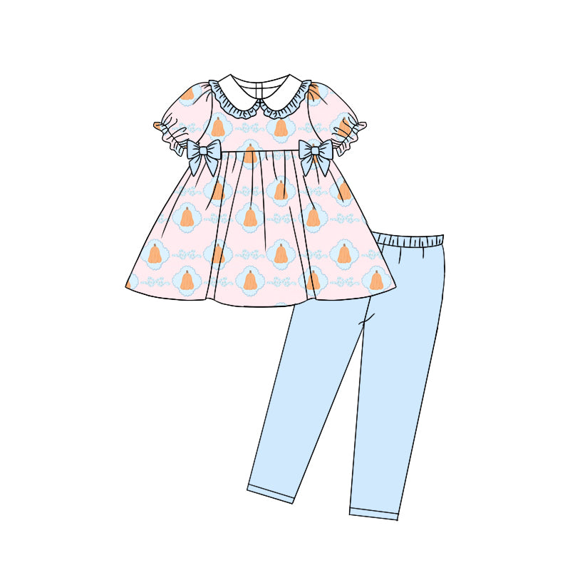 Preorder moq 5 Baby Girls Short Ruffle Sleeves Bows Pumpkins Plaid Tunic Legging Pants Set