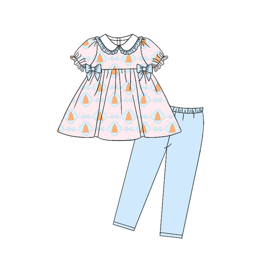 Preorder moq 5 Baby Girls Short Ruffle Sleeves Bows Pumpkins Plaid Tunic Legging Pants Set