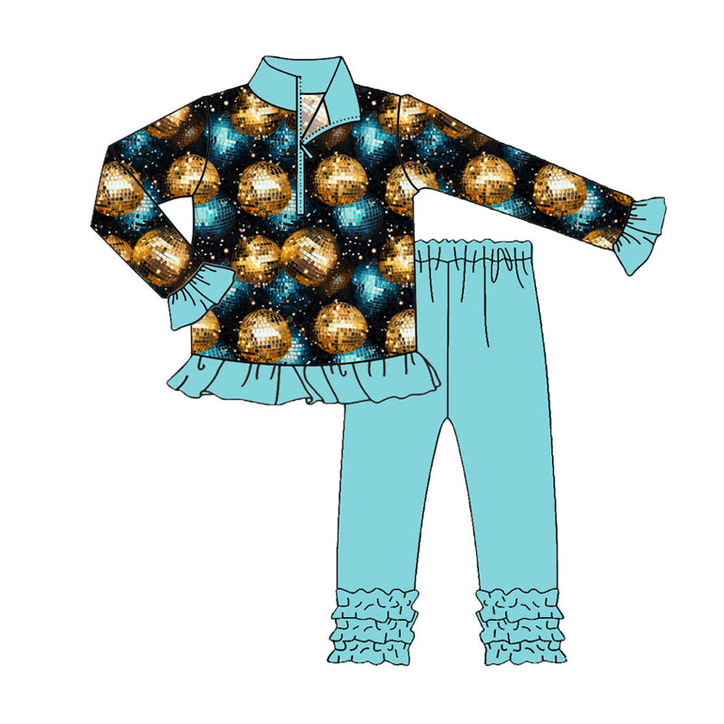 Preorder (moq 5)Baby Girls Gold Balls Happy New Year Zipper Pullover Ruffle Leggings Clothes Sets