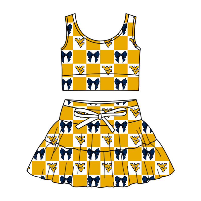 Preorder (moq 5)Baby Girls Yellow WV Bows Checked Vest Top Skirt Short Team Clothes Sets