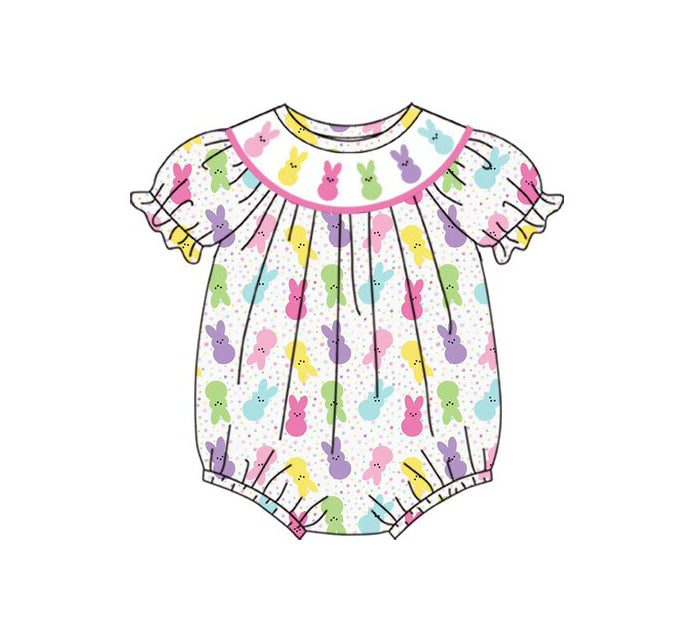 Preorder (moq 8)Baby Girls Colorful Rabbits Polka Dots Easter Ruffle Rompers