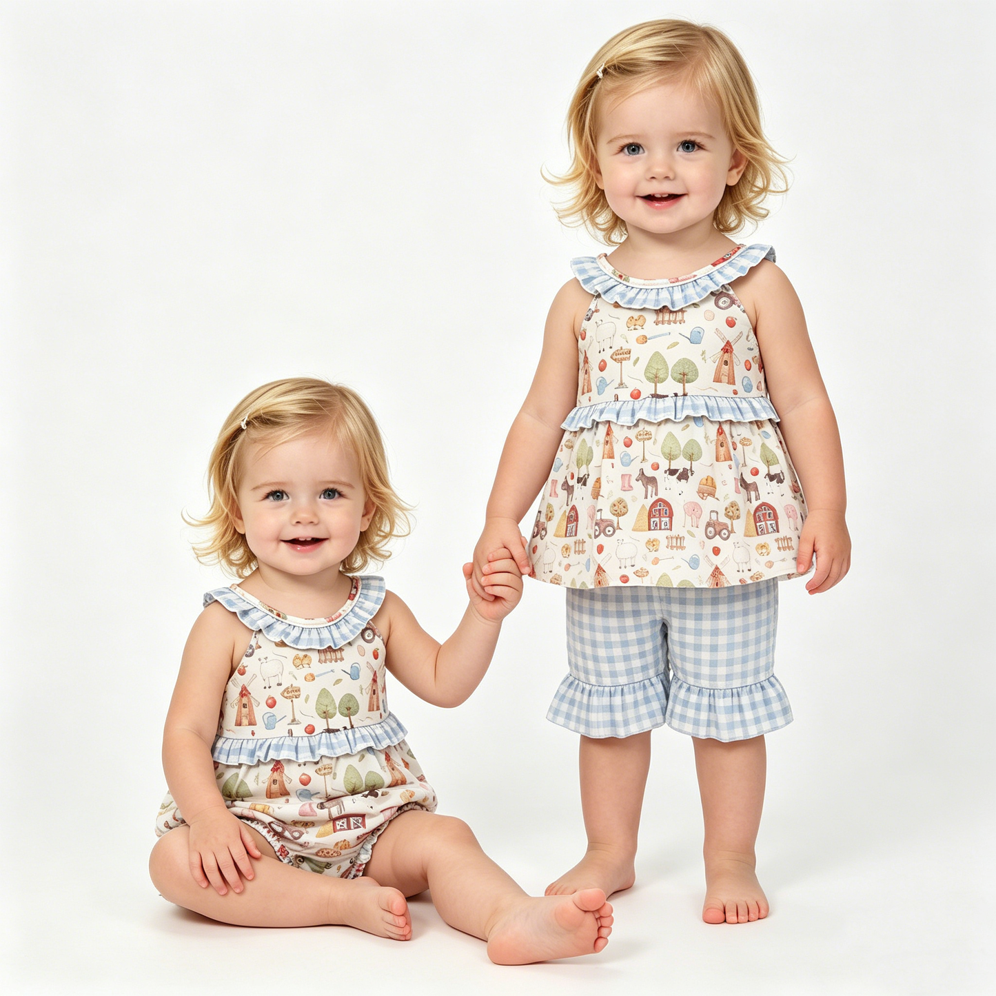 Sibling Baby Girls Pigs Cows Tunic Checked Ruffle Short Farm Clothes Set Rompers