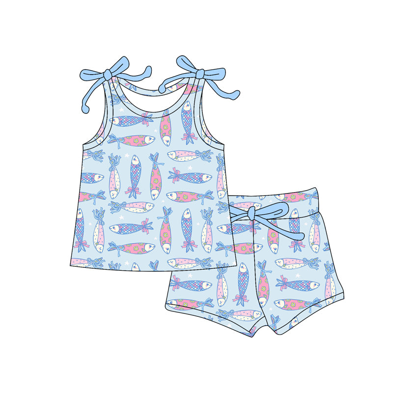 Preorder (moq 5)Baby Girls Colorful Flowers Fishes Top Shorts Clothes Sets