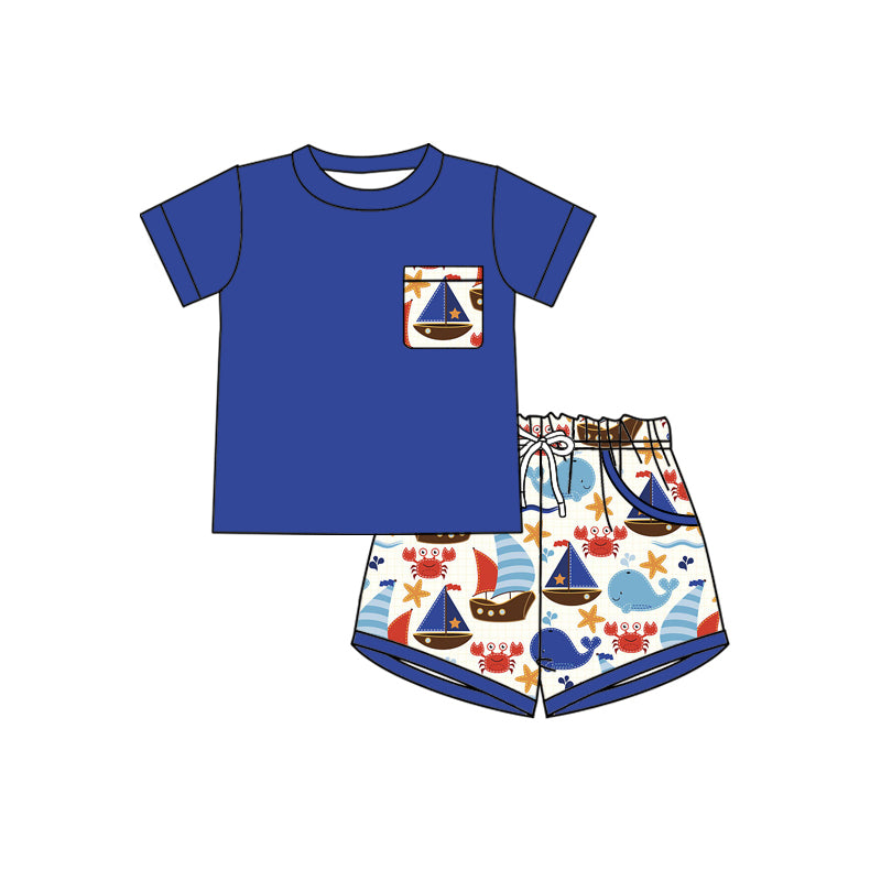 Preorder (moq 5)Baby Boys Short Sleeve Shirt Top Boats Pockets Shorts Clothes Sets