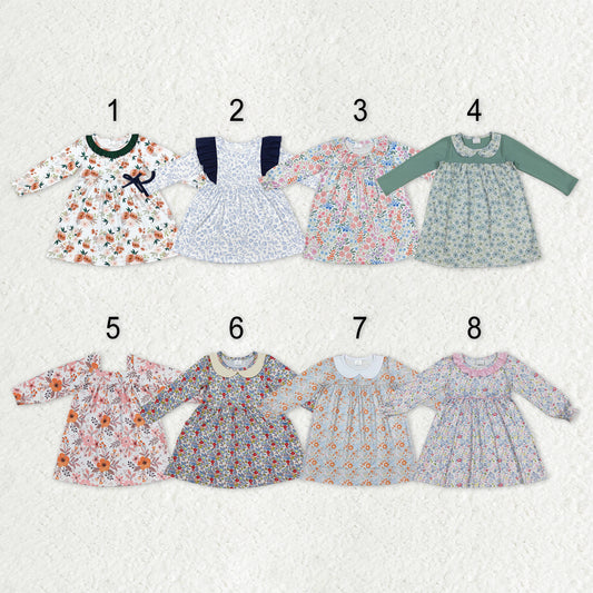 Sibling Baby Girls Flowers Plaid Long Ruffle Sleeve Knee Length Dresses