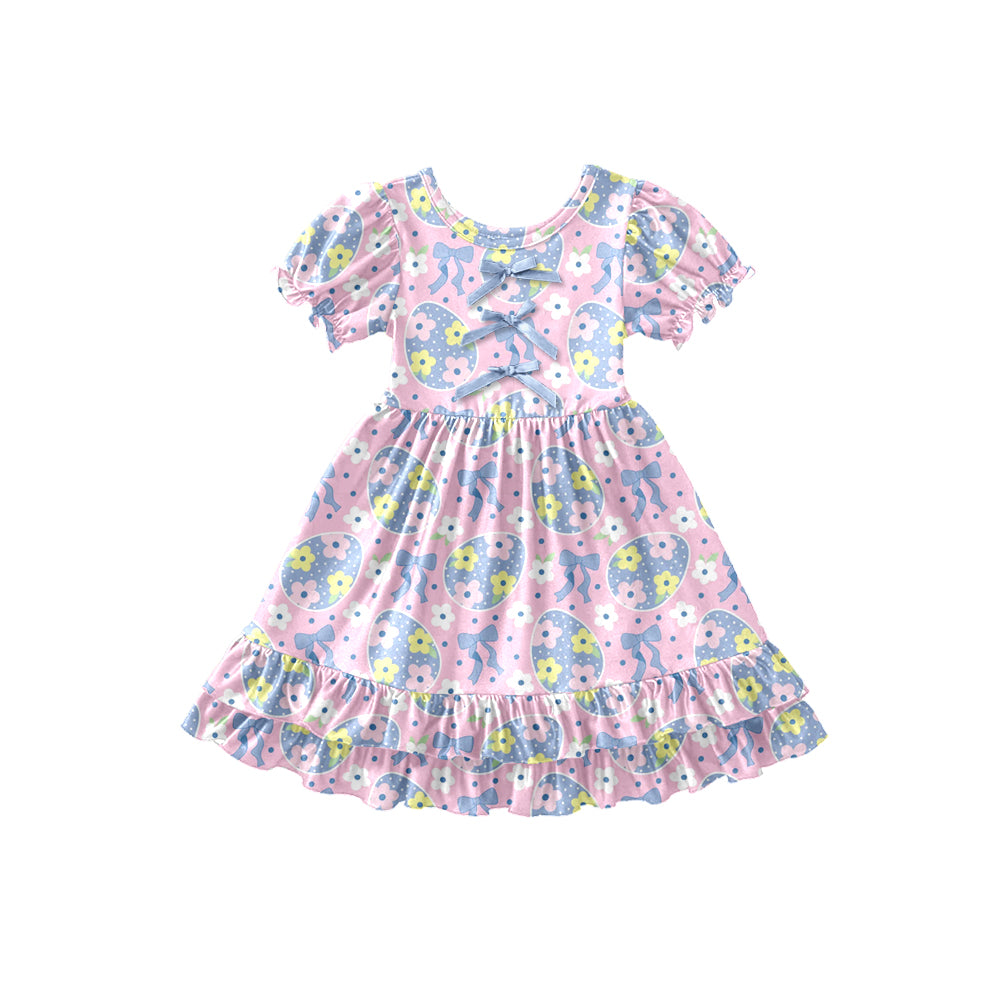 Preorder (moq 5)Baby Girls Floral Eggs Bows Easter Ruffle Knee Length Dresses