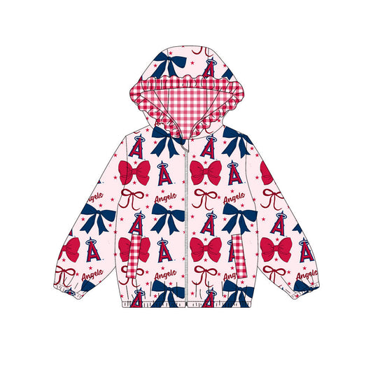 Preorder(moq 8)Baby Girls Red Navy Bows Angels Pockets Zipper Team Ruffle Hoodies Jackets