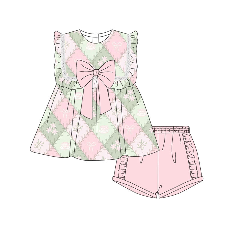 Preorder(moq 5) Baby Girls Flowers Bows Checked Tunic Ruffle Shorts Clothes Sets