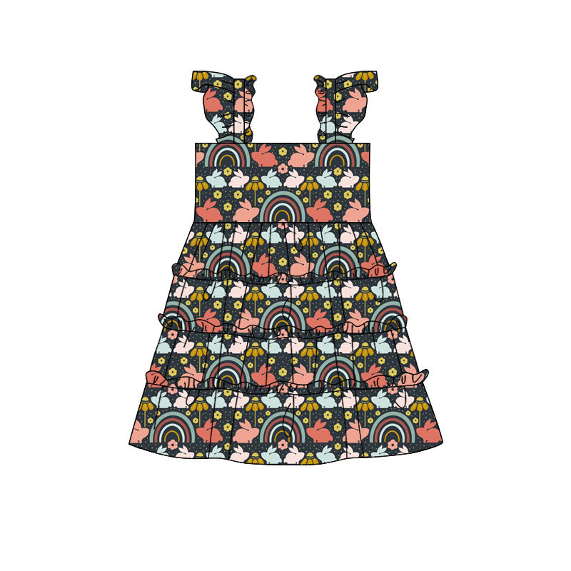 Preorder(moq 5) Baby Girls Flowers Rabbits Easter Patchwork Knee Length Dresses