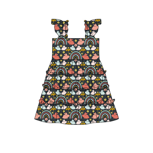 Preorder(moq 5) Baby Girls Flowers Rabbits Easter Patchwork Knee Length Dresses