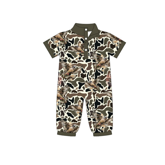 Preorder (moq 5)Baby Boys Dark Brown Camo Eagles Button Hunting Footie Rompers