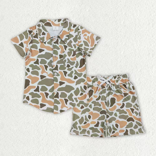Baby Boys Southern Orange Camo Button Pockets Shirts Shorts Clothes Sets