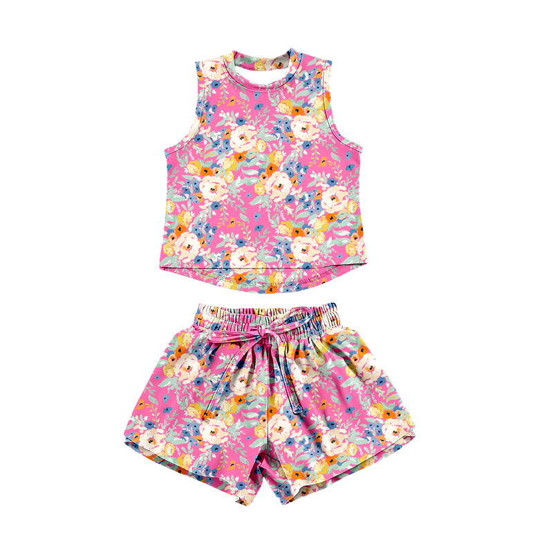 Preorder (moq 5)Baby Girls Sleeveless Colorful Floral Top Shorts Clothes Set