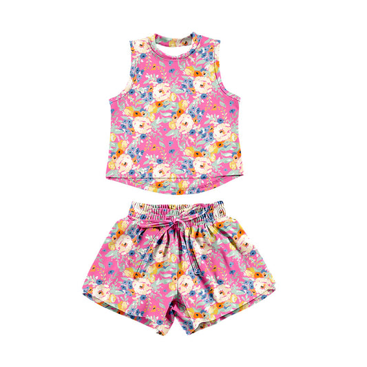 Preorder (moq 5)Baby Girls Sleeveless Colorful Floral Top Shorts Clothes Set