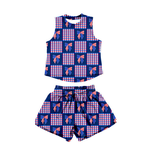 Preorder moq 5 Baby Girls Sleeveless Flag Bows Checked Top Short 4th of July Clothes Sets