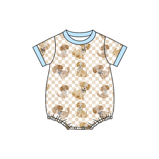preorder(moq 5) Baby Boys Short Sleeve Khaki Checked Dogs Rompers