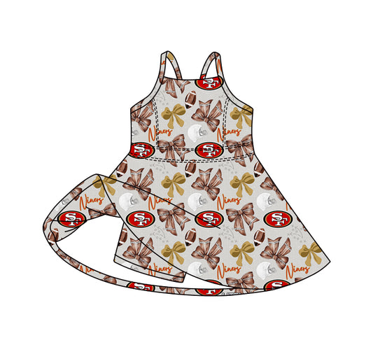 Preorder (moq 5)Baby Girls Strap Bows Footballs SF Team Shorts Knee Length Dresses