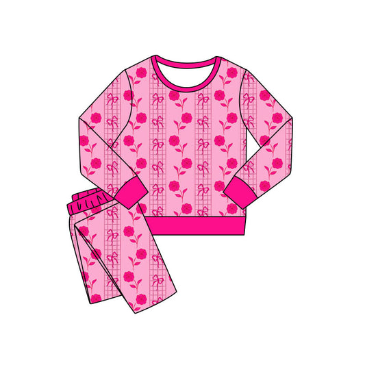 Preorder(moq 5) Baby Girls Pink Bows Flowers Stripe Pants Valentines Pajamas Sets