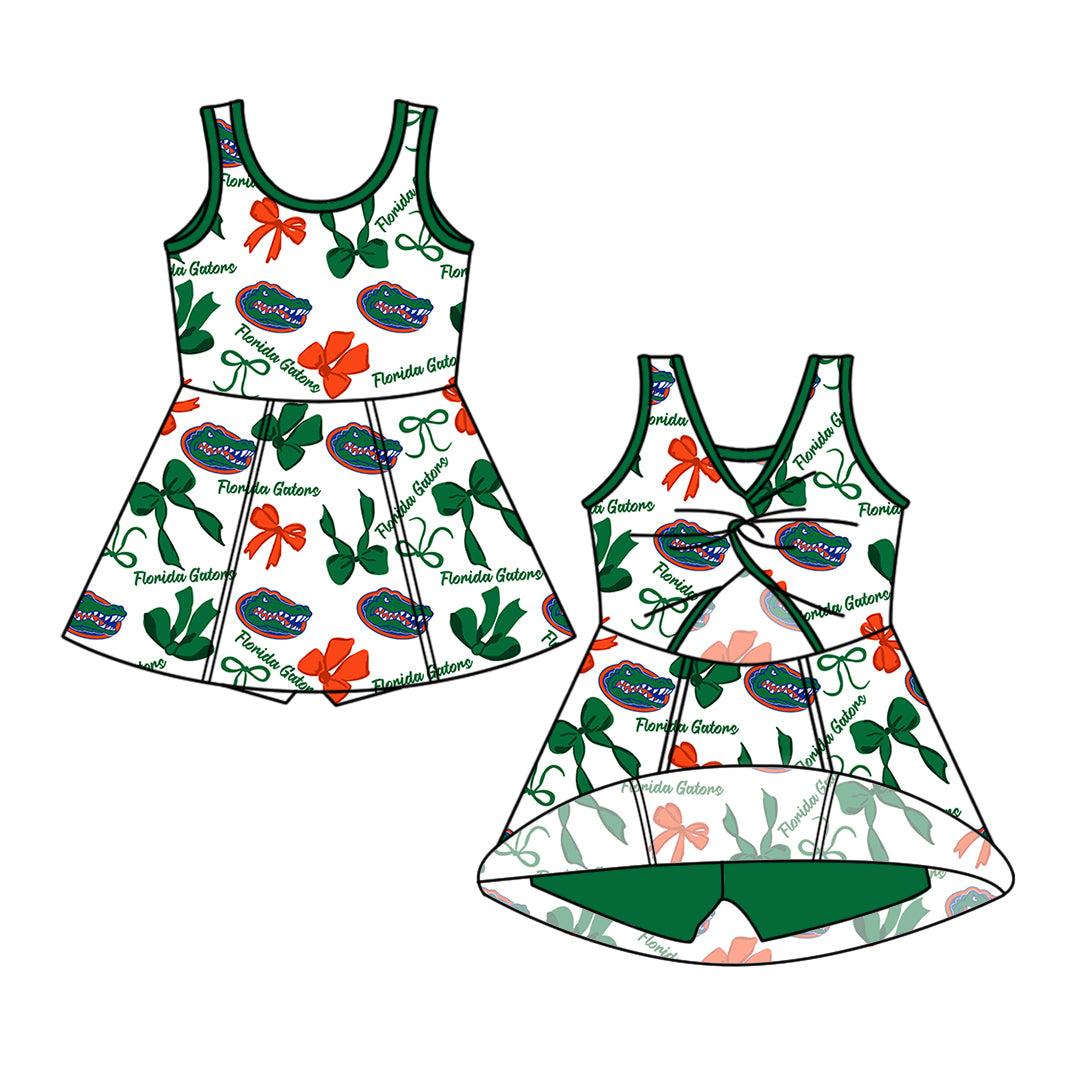 Preorder (moq 5)Baby Girls Sleeveless Gators Bows Team Shorts Knee Length Dresses