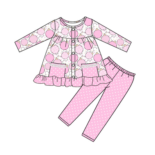 preorder(MOQ 5)Baby Girls Long Sleeves Button Pockets Bulbs Tunic Polka Dots Leggings Pants Set