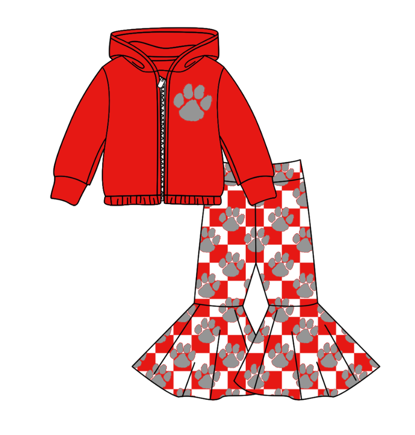 Preorder(moq 5) Baby Girls Watermelon Pawls Zipper Hoodie Jacket Bell Bottom Pants Team Clothes Sets