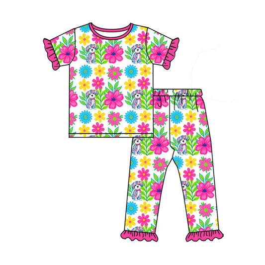Preorder(moq 5)Baby Girls Short Sleeve Floral Dogs Top Ruffle Pants Pajamas Sets
