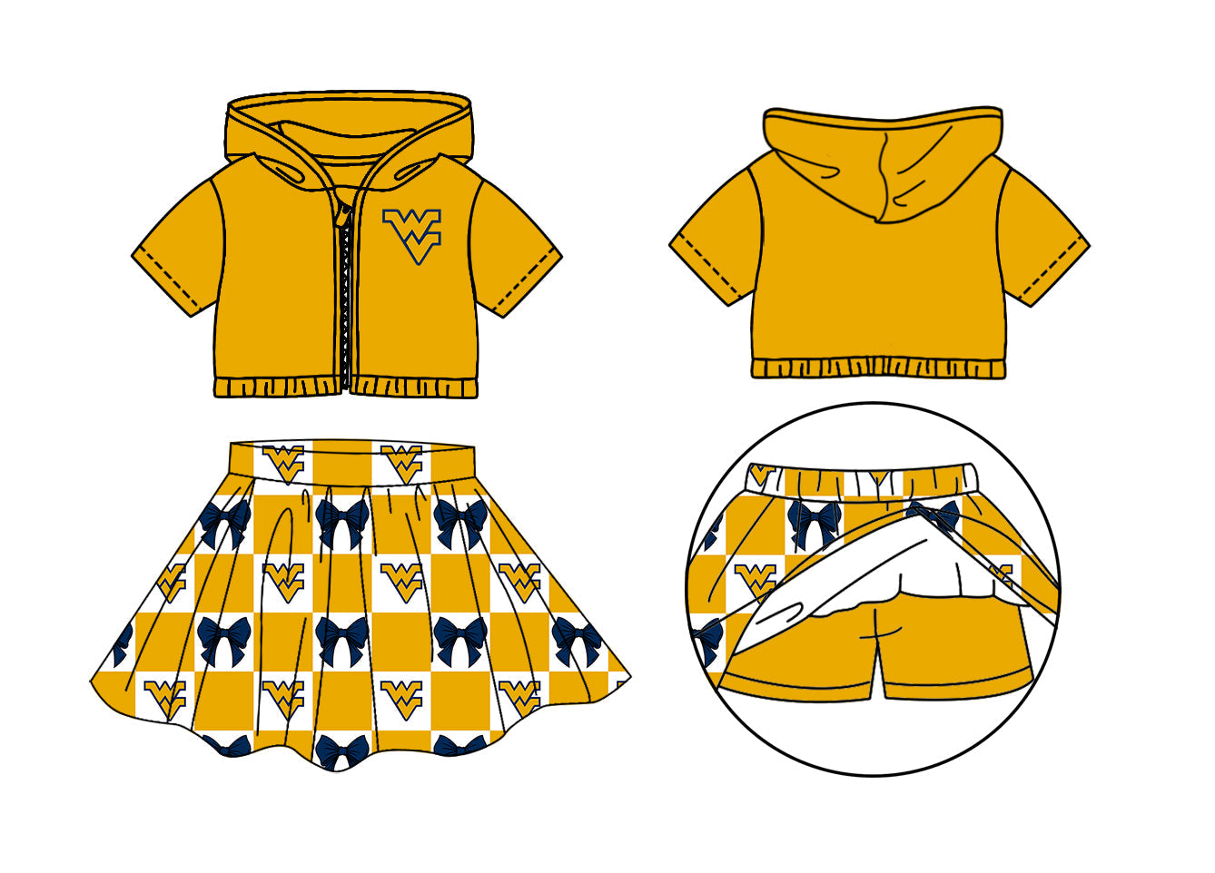Preorder (moq 5)Baby Girls Yellow WV Bows Zip Hoodie Jackets Skirt Short Team Clothes Sets