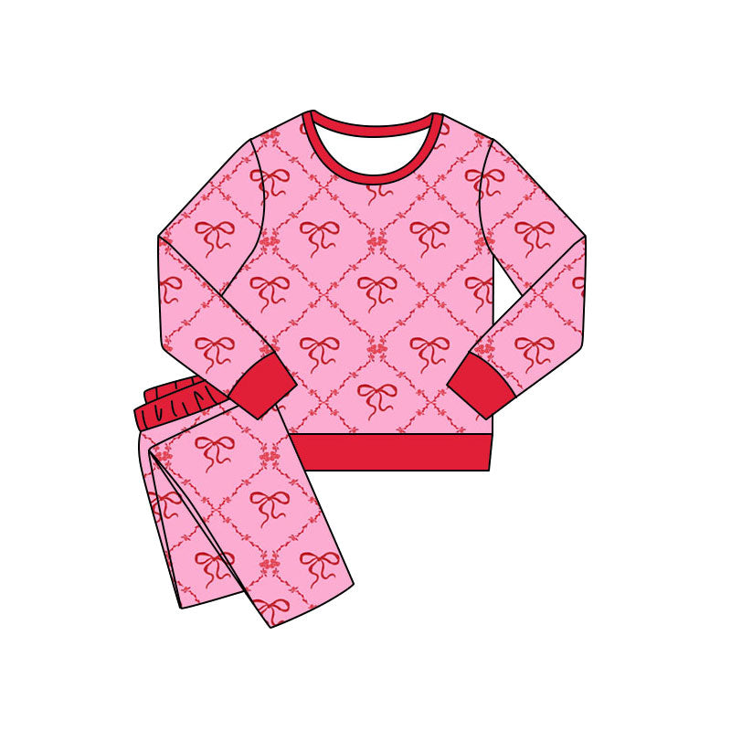 Preorder(moq 5) Baby Girls Pink Bows Flowers Checked Pants Valentines Pajamas Sets
