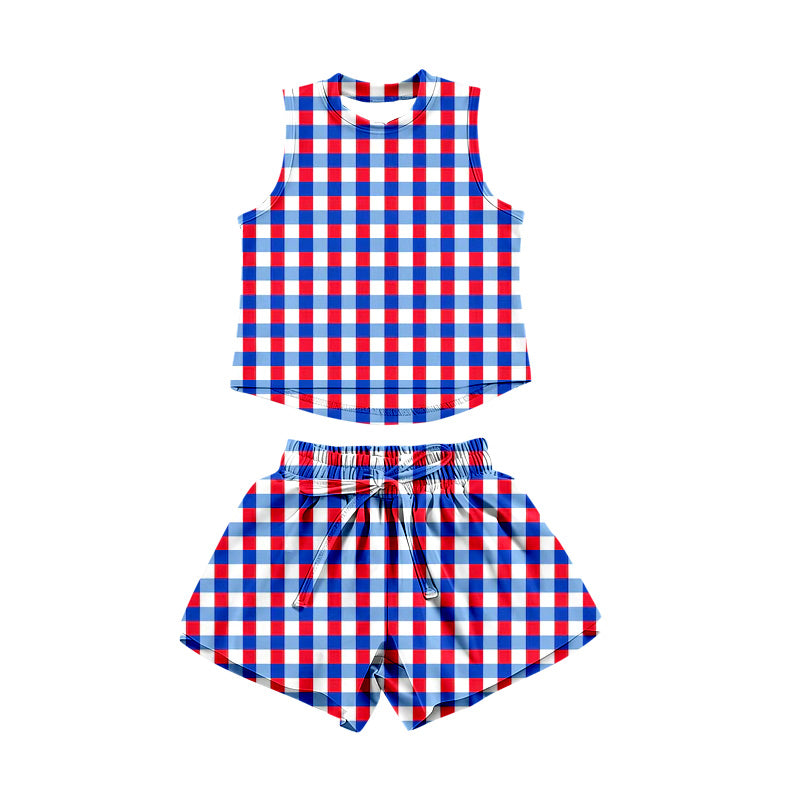 Preorder moq 5 Baby Girls Sleeveless Red Blue Checked Top Short 4th of July Clothes Sets