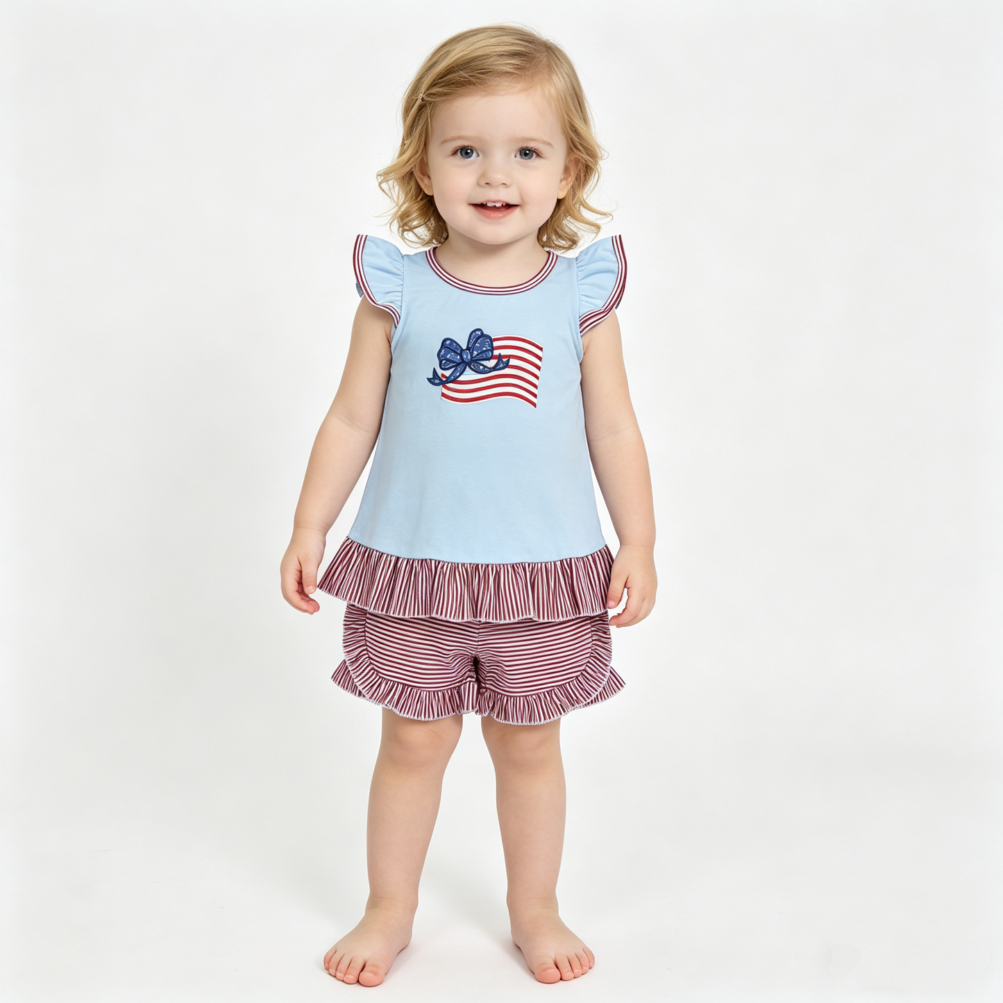 Embroidery Bow Flags Baby Girls Tunic Ruffle Shorts 4th of July Clothes Set