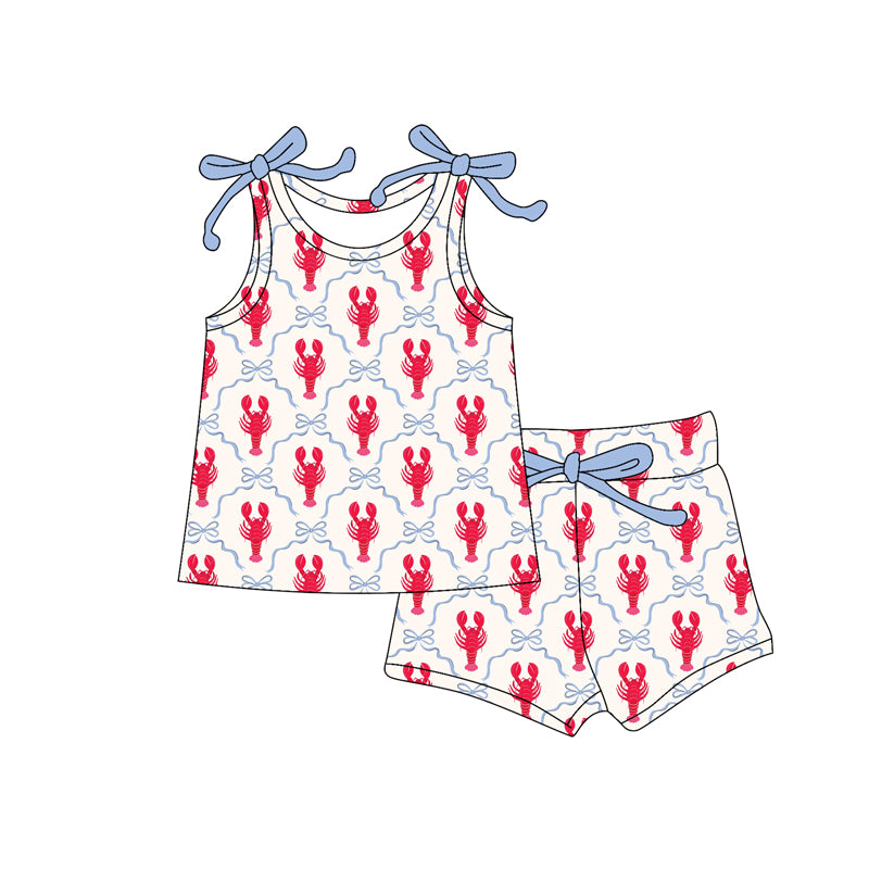 Preorder (moq 5)Baby Girls Sleeveless Bows Crayfishes Checked Top Shorts Clothes Set