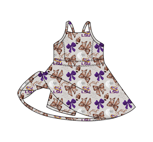 Preorder (moq 5)Baby Girls Strap Bows Footballs LSU Tigers Team Shorts Knee Length Dress
