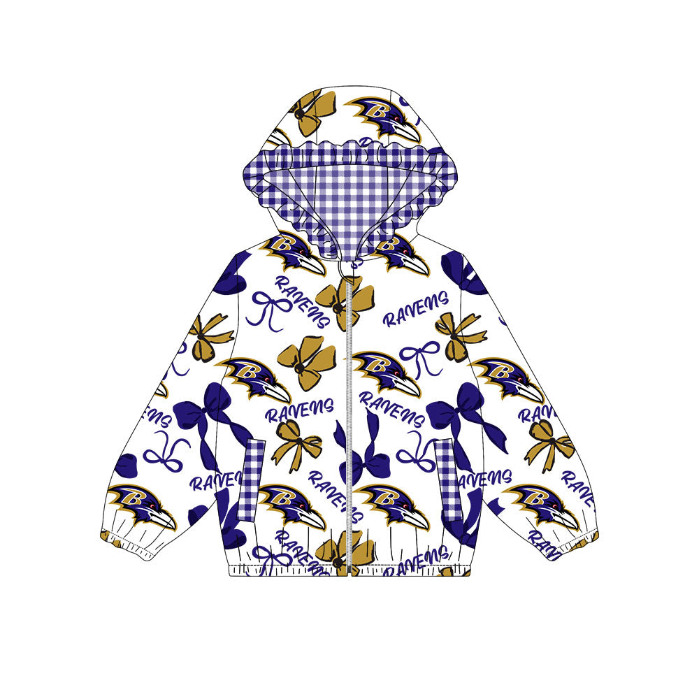 Preorder(moq 8)Baby Girls Gold Purple Bows Ravens Pockets Zipper Team Ruffle Hoodies Jackets