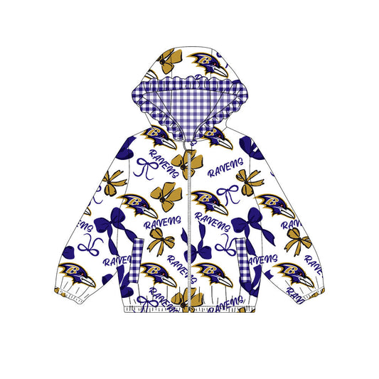 Preorder(moq 8)Baby Girls Gold Purple Bows Ravens Pockets Zipper Team Ruffle Hoodies Jackets