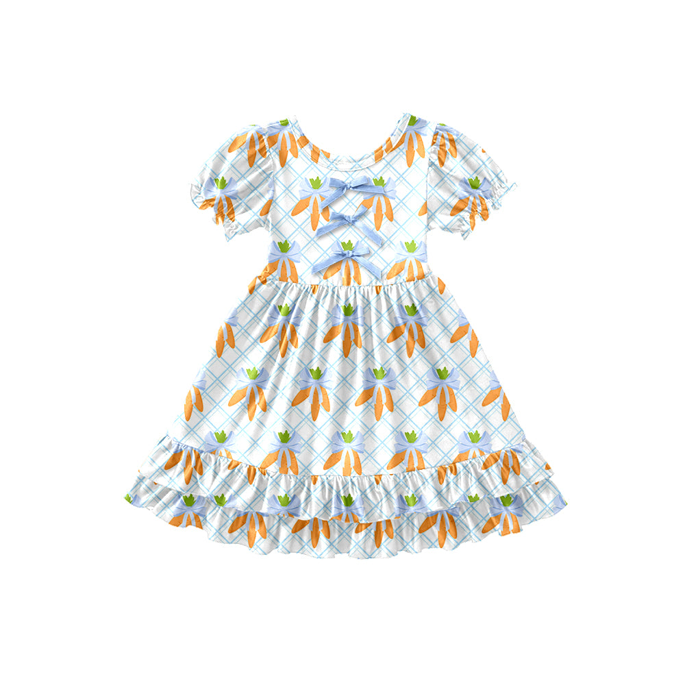 Preorder (moq 5)Baby Girls Carrots Bows Checked Easter Ruffle Knee Length Dresses