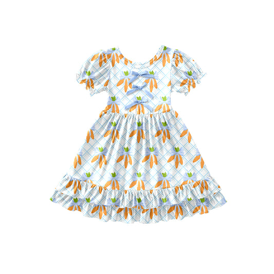 Preorder (moq 5)Baby Girls Carrots Bows Checked Easter Ruffle Knee Length Dresses