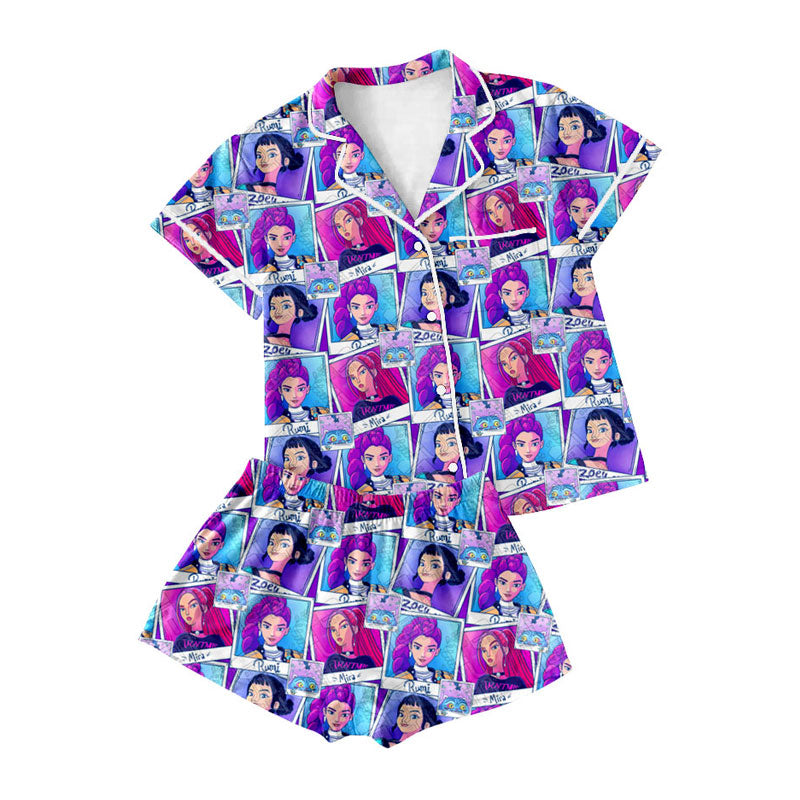 Preorder moq 5 Adult Women Cartoon Girls Button Pockets Top Shorts Pajamas Sets