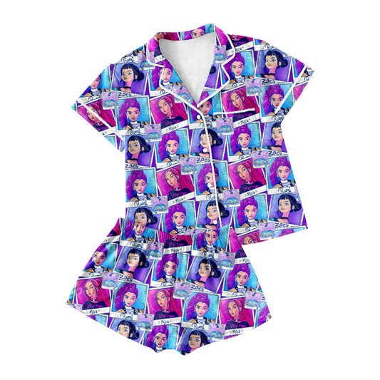 Preorder moq 5 Adult Women Cartoon Girls Button Pockets Top Shorts Pajamas Sets