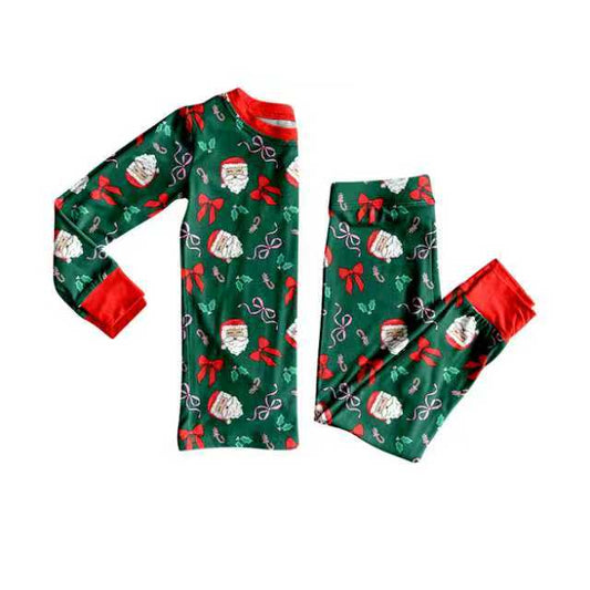 Preorder (moq 20)Baby Girls Bamboo Santa Bows Holly Christmas Pajamas Sets