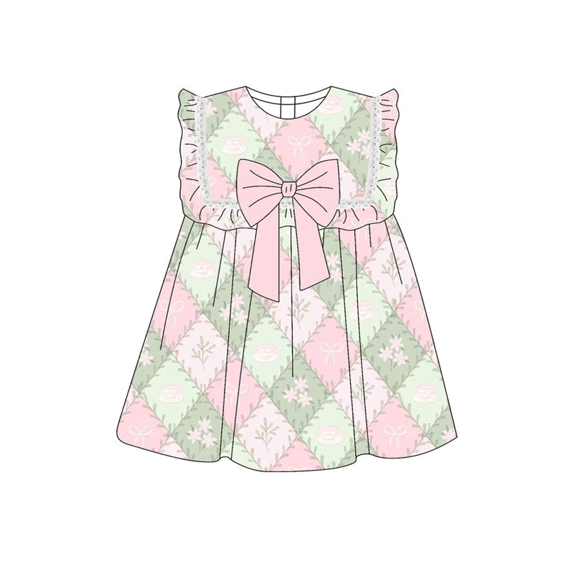 Preorder(moq 5) Baby Girls Bows Flowers Checked Sleeveless Knee Length Dresses