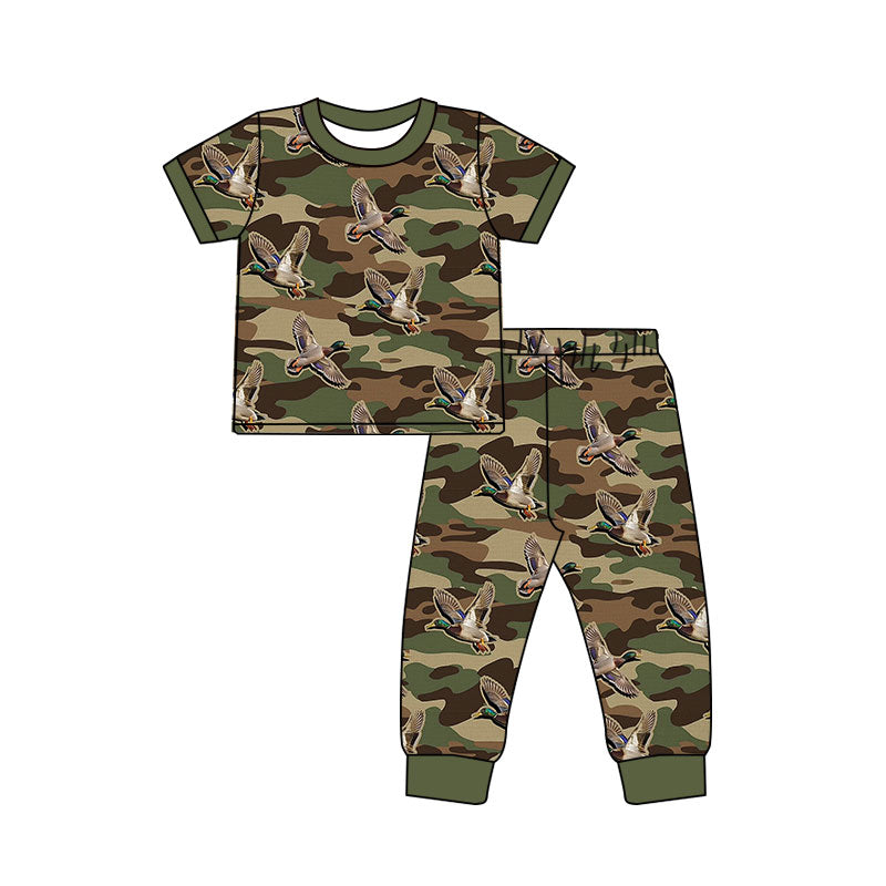 Preorder (moq 5)Baby Boys Dark Green Camo Ducks Top Pants Hunting Pajamas Sets