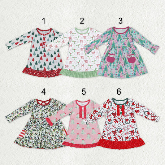 Sibling Baby Girls Bows Holly Trees Plaid Christmas Ruffle Knee Length Dresses