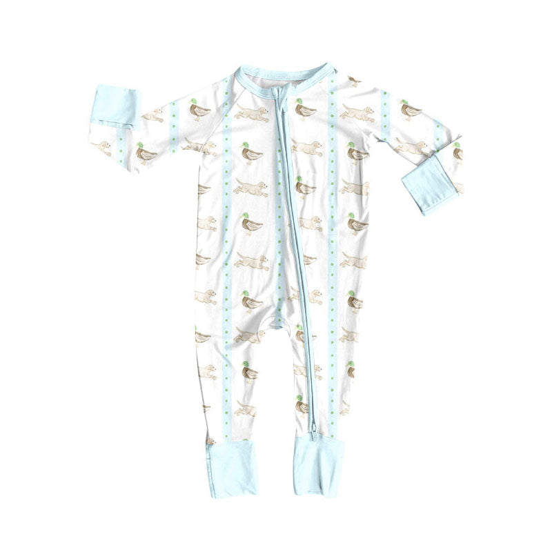 Preorder (moq 5)Baby Girls Ducks Dogs Stripe Hunting Zipper Footie Rompers