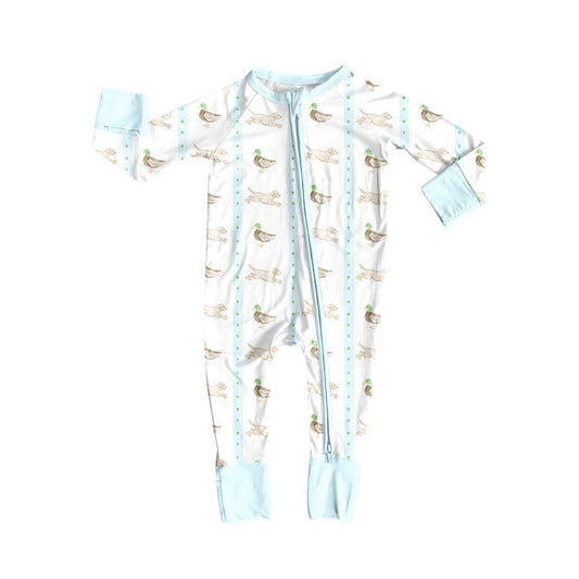 Preorder (moq 5)Baby Girls Ducks Dogs Stripe Hunting Zipper Footie Rompers
