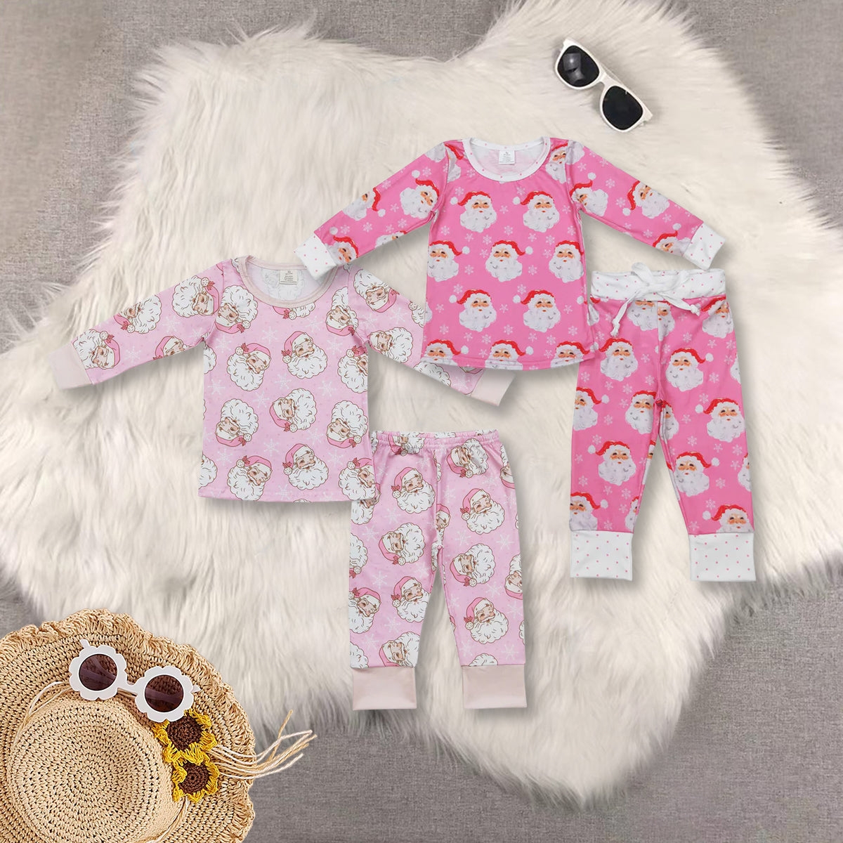 Sibling Baby Girls Santa Plaid Christmas Bamboo Pajamas Clothes Sets