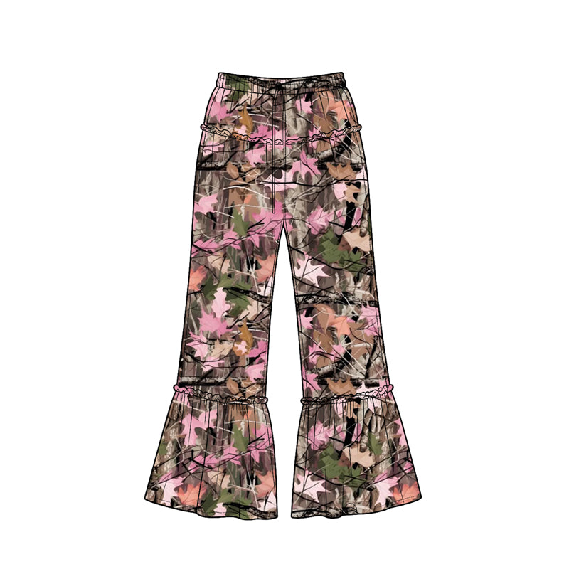 Preorder (moq 5) Baby Girl Clothes Pink Tree Camo Print Ruffle Waist Ruffle Hem Flare Pants