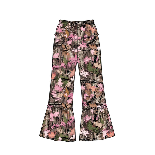 Preorder (moq 5) Baby Girl Clothes Pink Tree Camo Print Ruffle Waist Ruffle Hem Flare Pants
